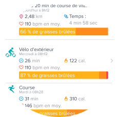 Exemple de deux résumés d'exercice dans l'application Fitbit : une séance de vélo elliptique et une séance de marche à pied